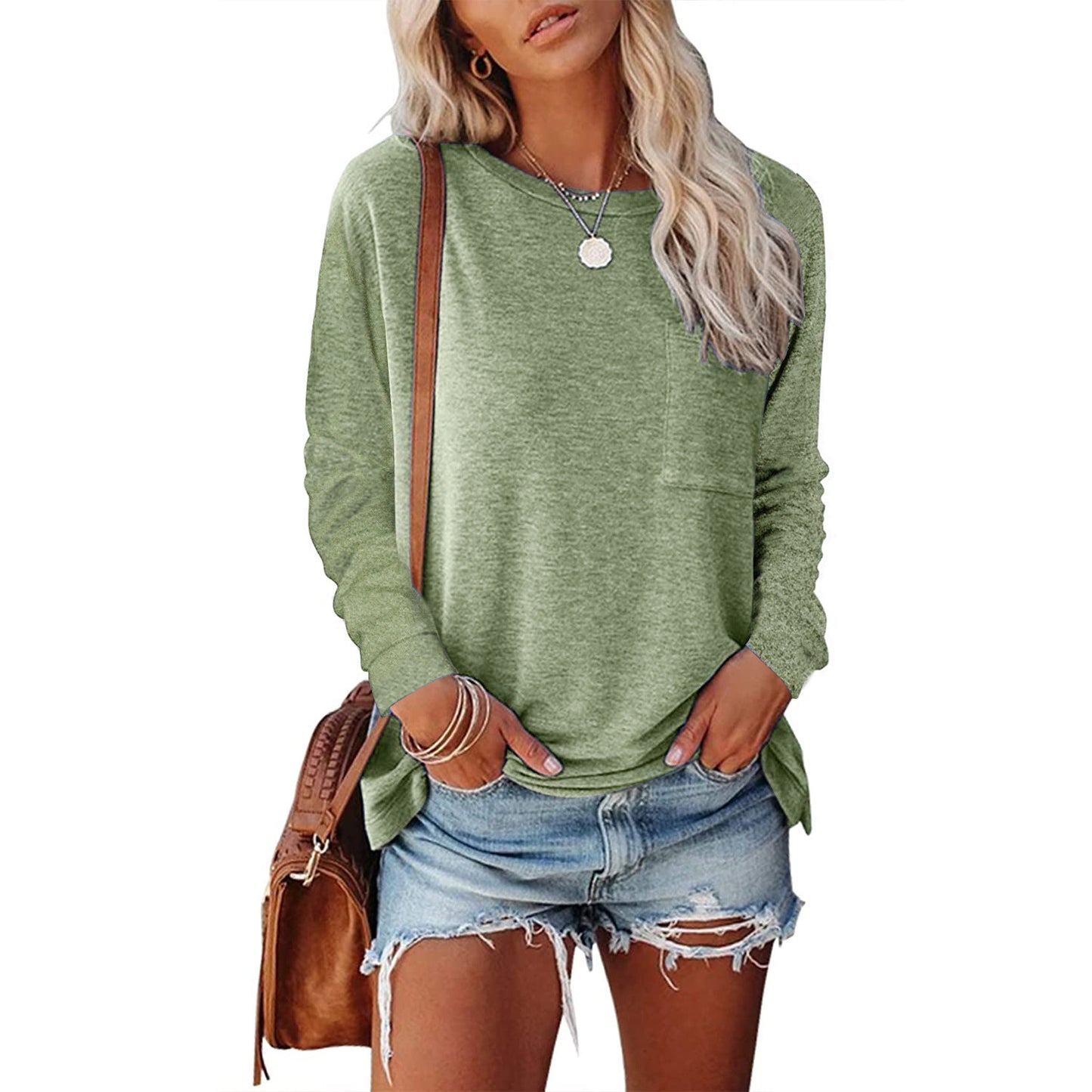 Women's Neck Pocket Split Long Sleeve Casual Tops