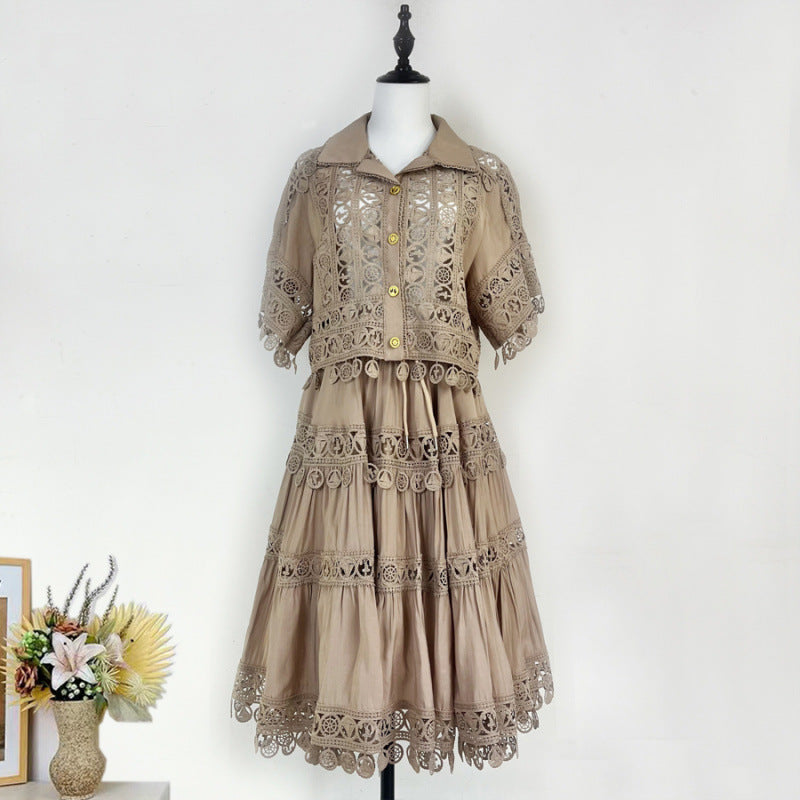 Cut-out Ruffles Shirt Elastic Waist A- Suits