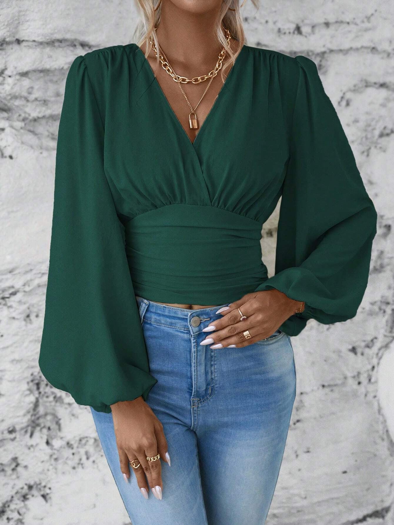 Women's Fashion Tight Waist Sleeve Solid Color Blouses
