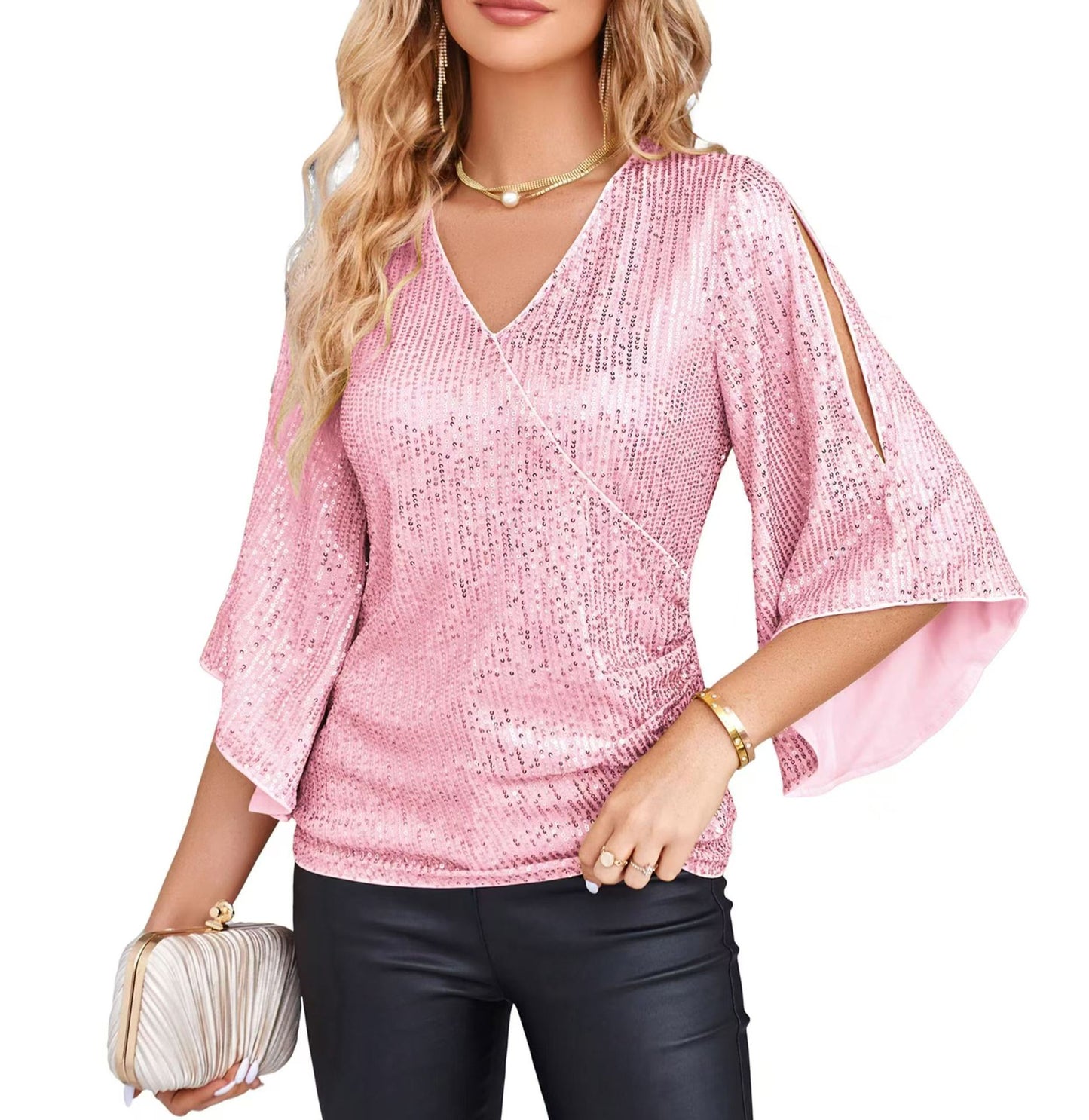 Women's Loose Mid-length Sequined T-shirt Short-sleeved Pullover Blouses