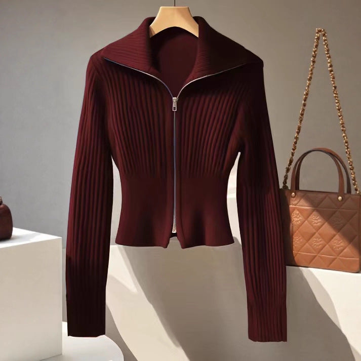 Women's Fashionable Knitted Zipper Slim Lapel Tops