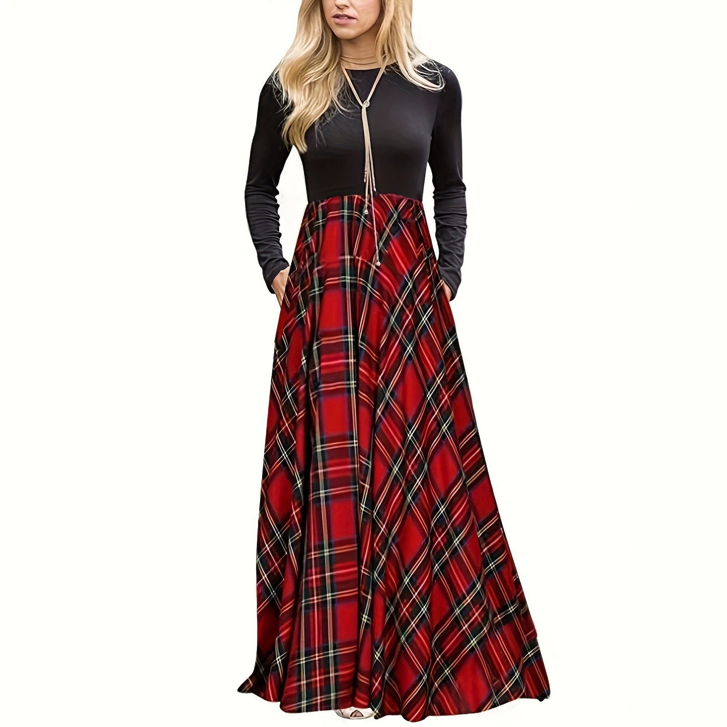 Women's Neck Stitching Contrast Color Check Fashion Casual Swing Dress
