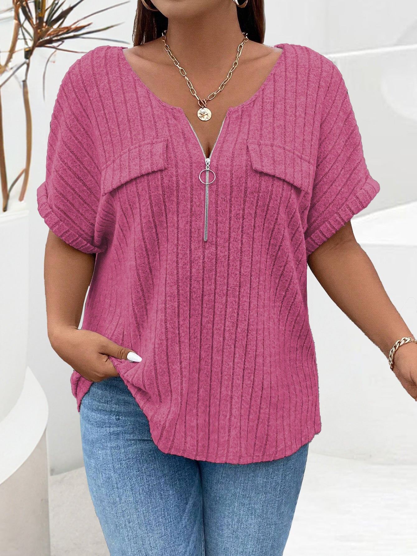 Women's Color Clothes Zipper Sleeve Faux Pocket Blouses