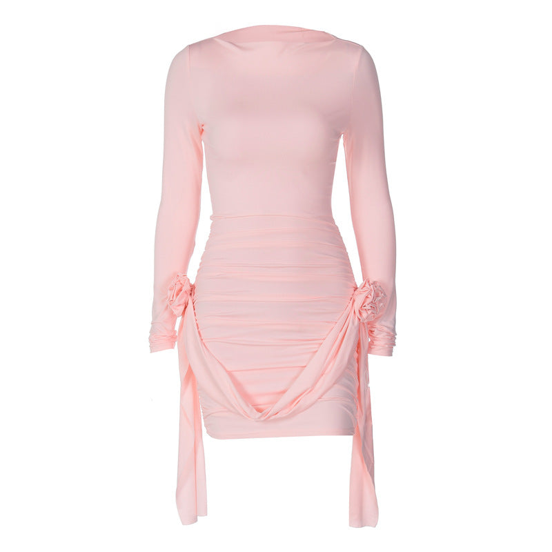 Solid Color Long Sleeve Round Neck Patchwork Dresses