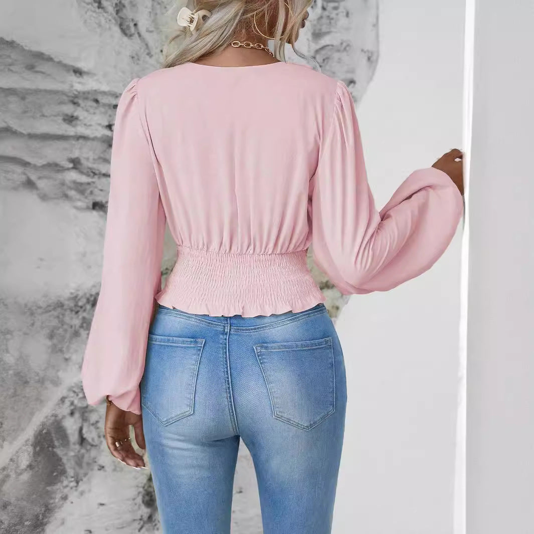 Women's Fashion Tight Waist Sleeve Solid Color Blouses