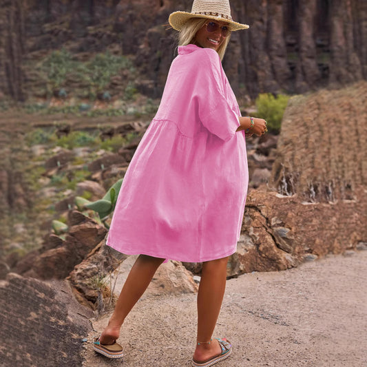 Women's Loose Solid Color Collar Holiday Casual Button Dresses