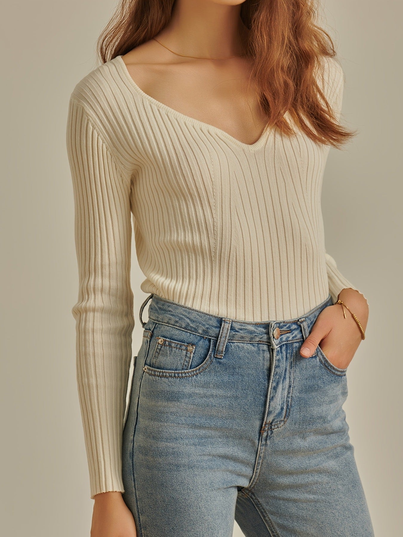 Women's Wear Sunken Stripe Tight Long Sleeve Knitted Bottoming Sweater