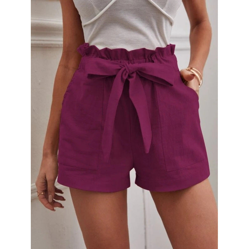 Women's Linen Leisure Pocket Solid Color Waist Shorts