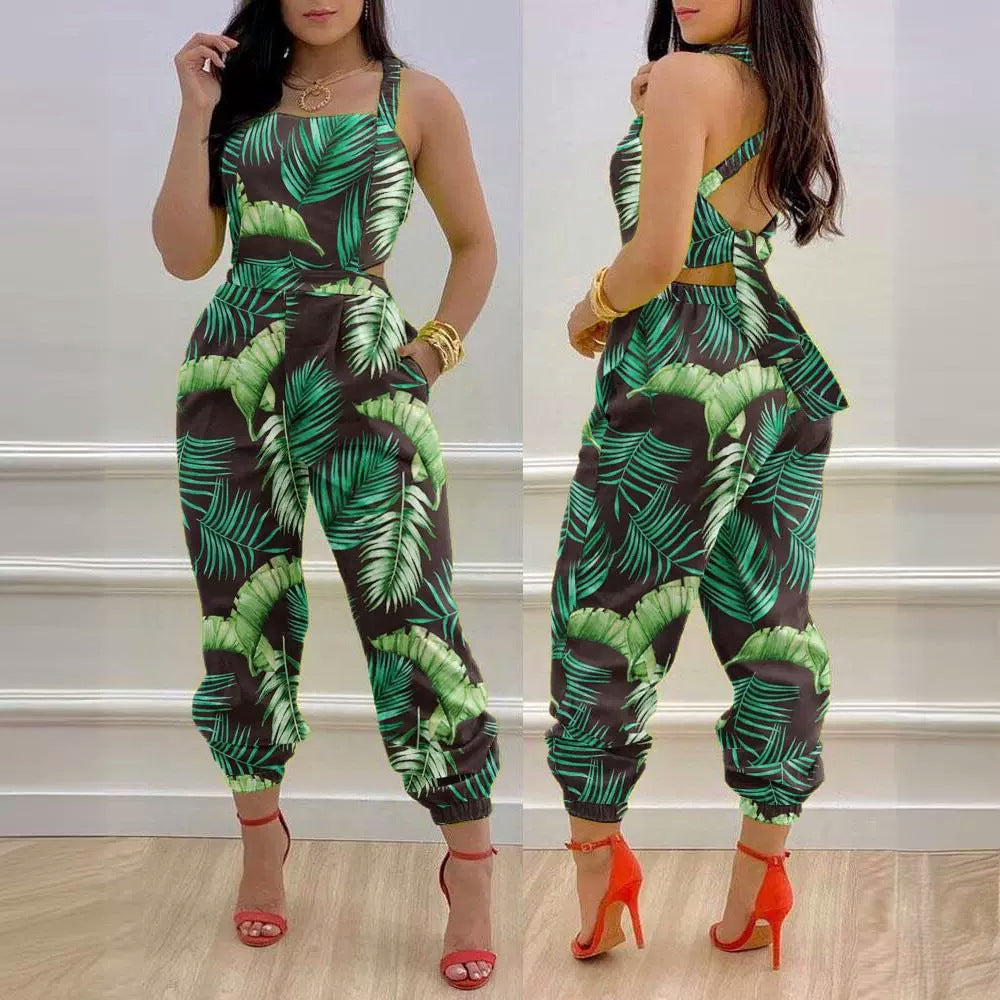 Women's Sling Backless Bow Printed High Waist Jumpsuits