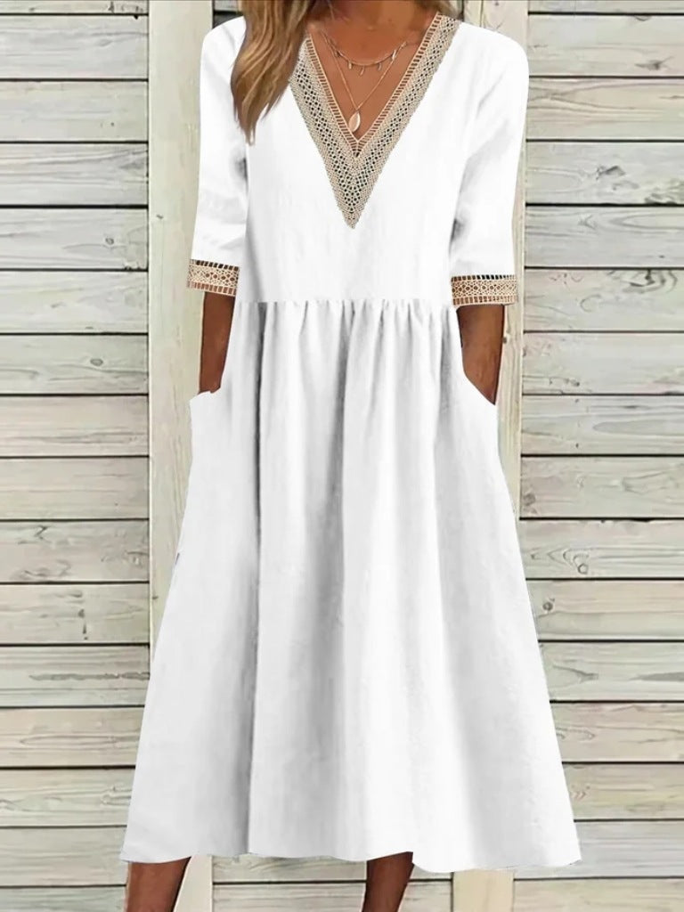 Women's Loose Cotton Linen Lace Collar Half Dresses