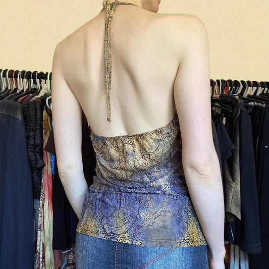 Color Printed Sexy Beaded Halter Backless Hot Tops