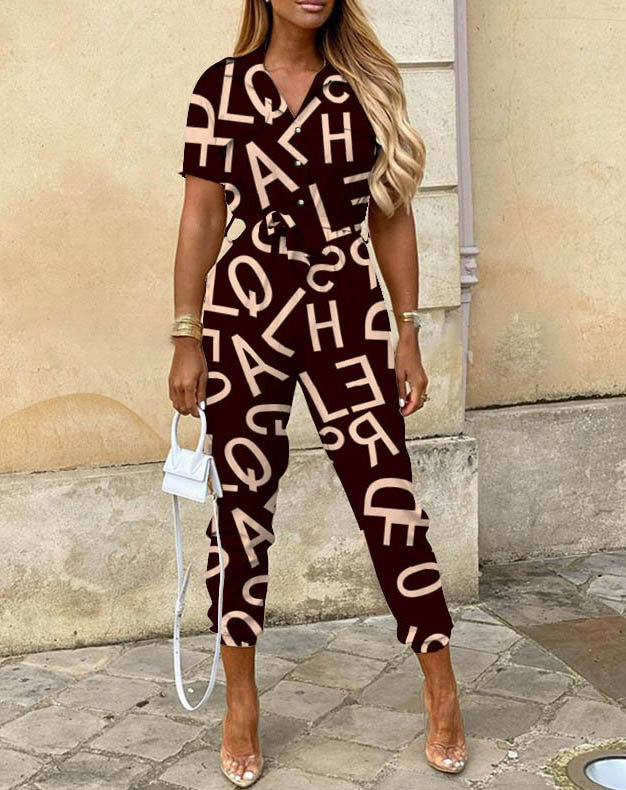 Women's Trousers Casual Lapel Button Printed Belt Pants