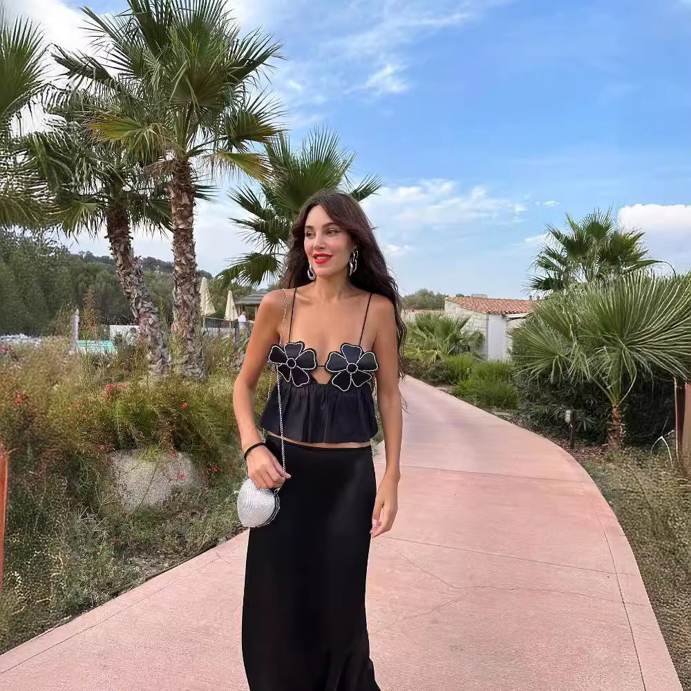 Women's Black Bright Flower Decoration Cotton Small Tops