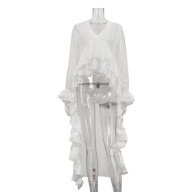 Women's Niche Design Ruffled Mopping Hem Shirt Flared Sleeves Blouses