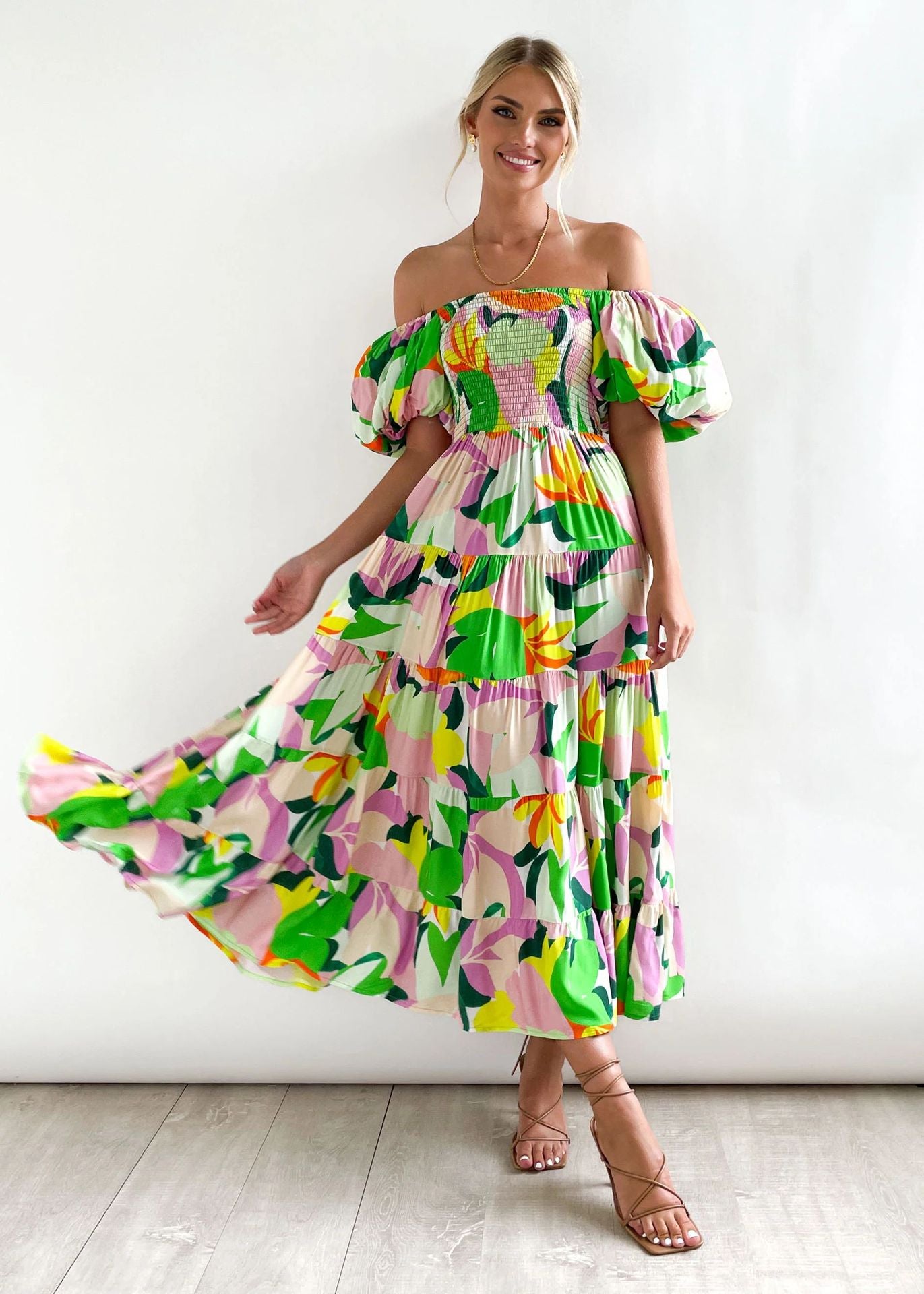 Women's Summer Puff Sleeve Holiday Slim Looking Long Dress Hot Dresses