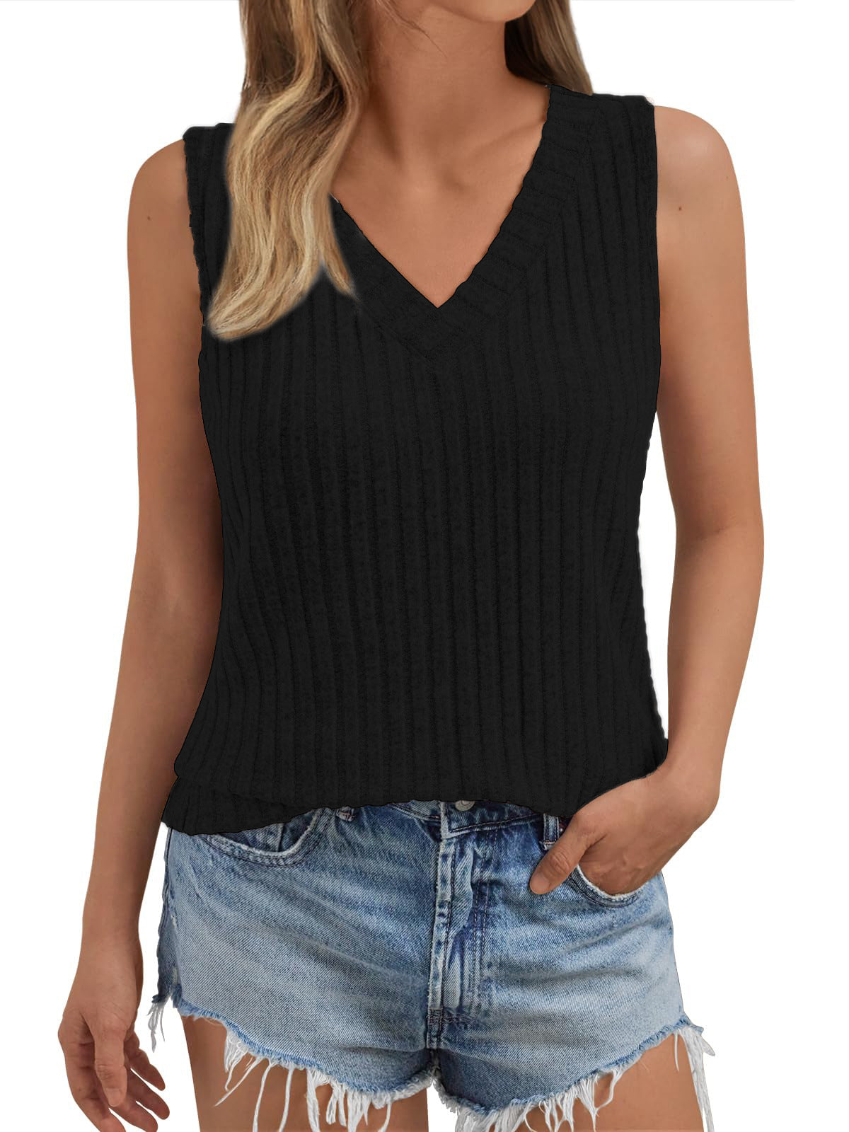 Women's Sleeveless Knitted Large Solid Color Rib Blouses