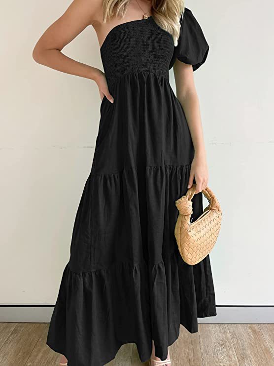 Women's Summer Bohemian Solid Color Smoked Layered Dresses