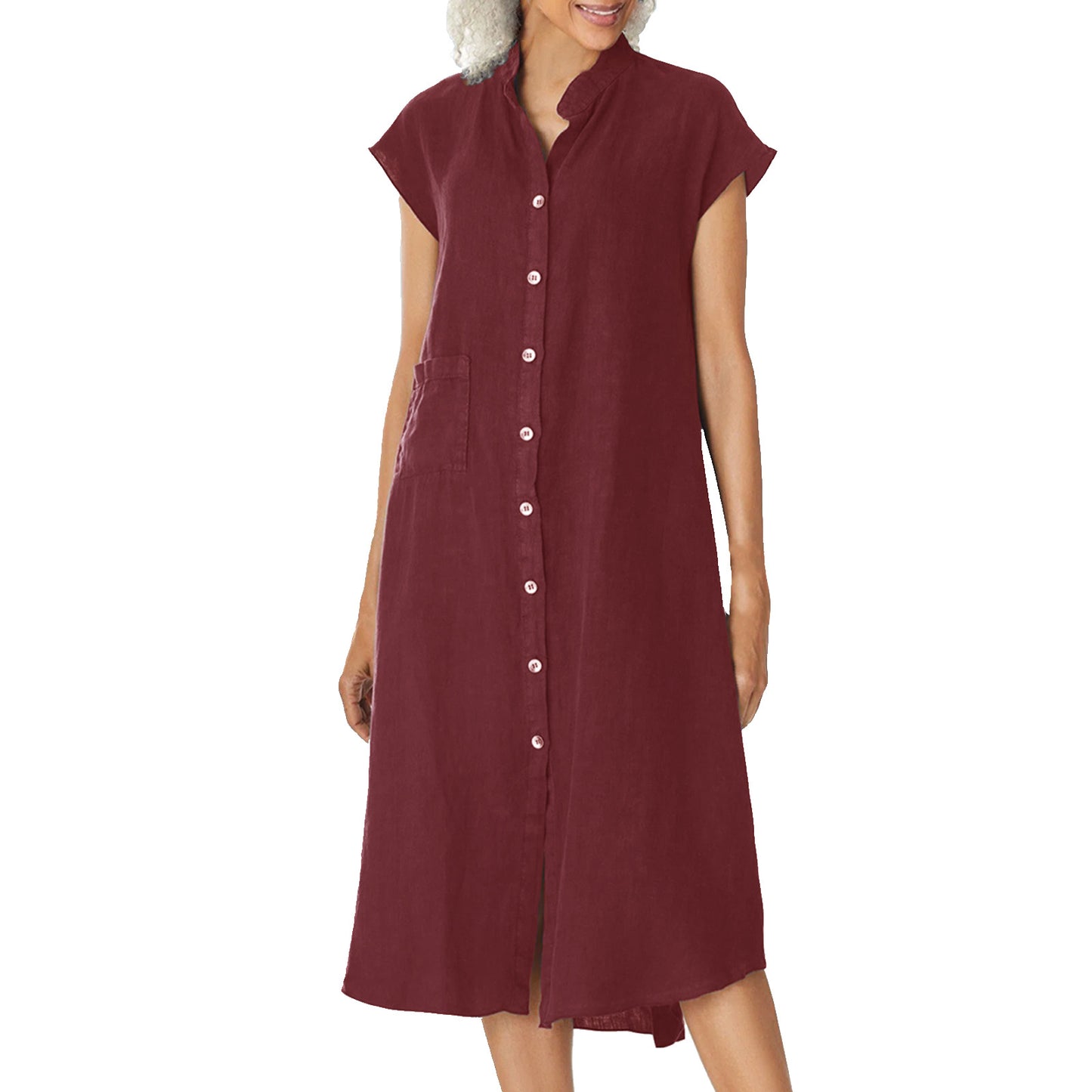 Women's Single-breasted Cotton Small Stand Collar Pocket Dress