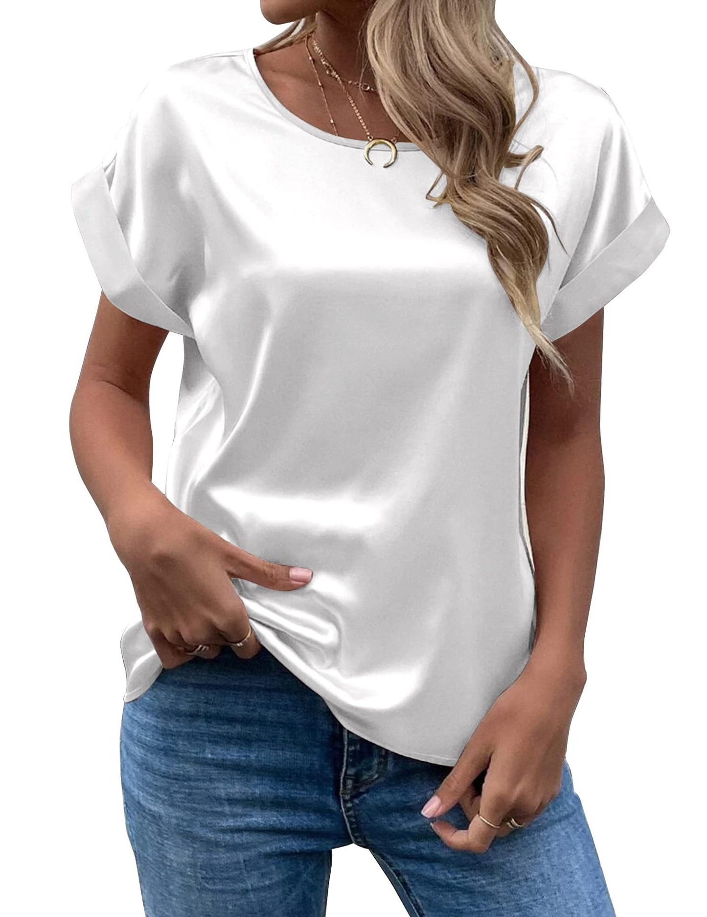 Women's Summer Elegant Satin Pullover Round Neck Blouses