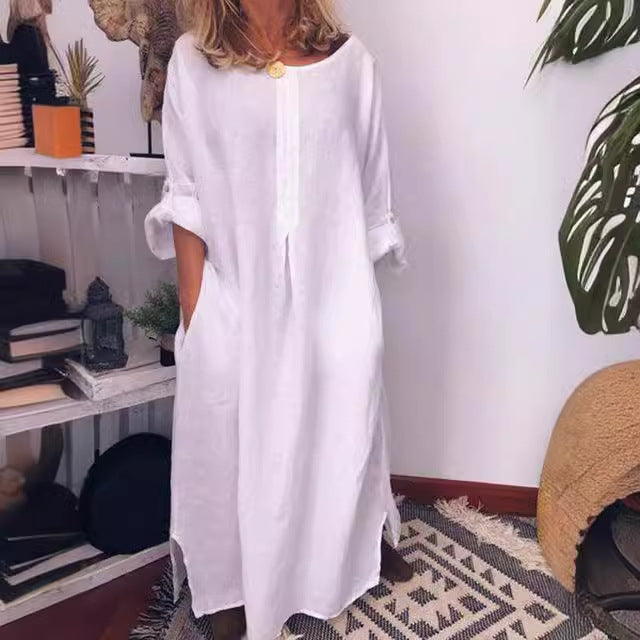 Women's Cotton Linen Solid Color Loose Dress Dresses