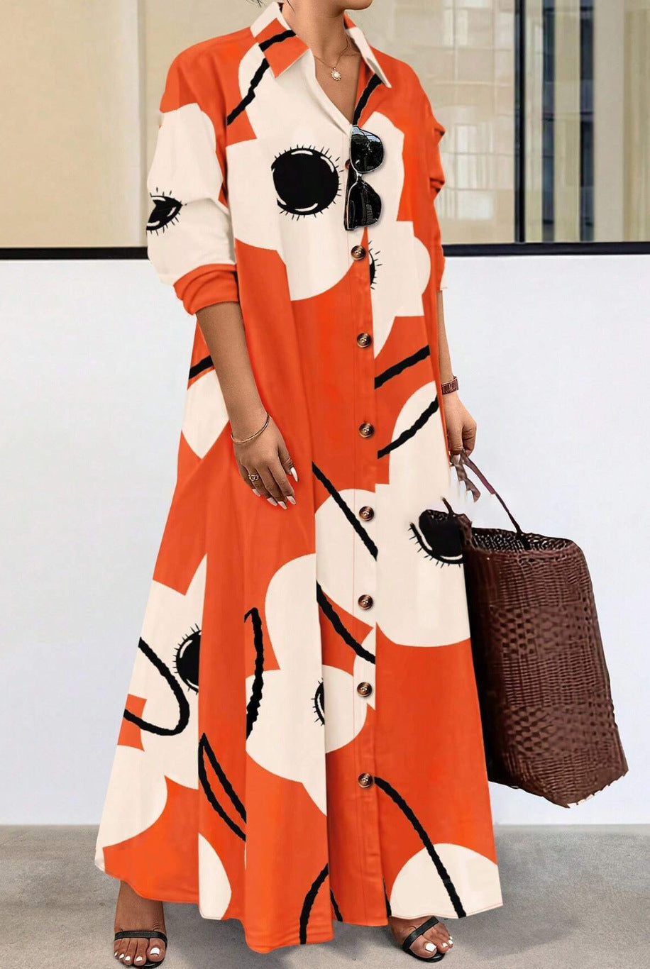 Long Sleeve Printed Loose Elegant Shirt Dresses