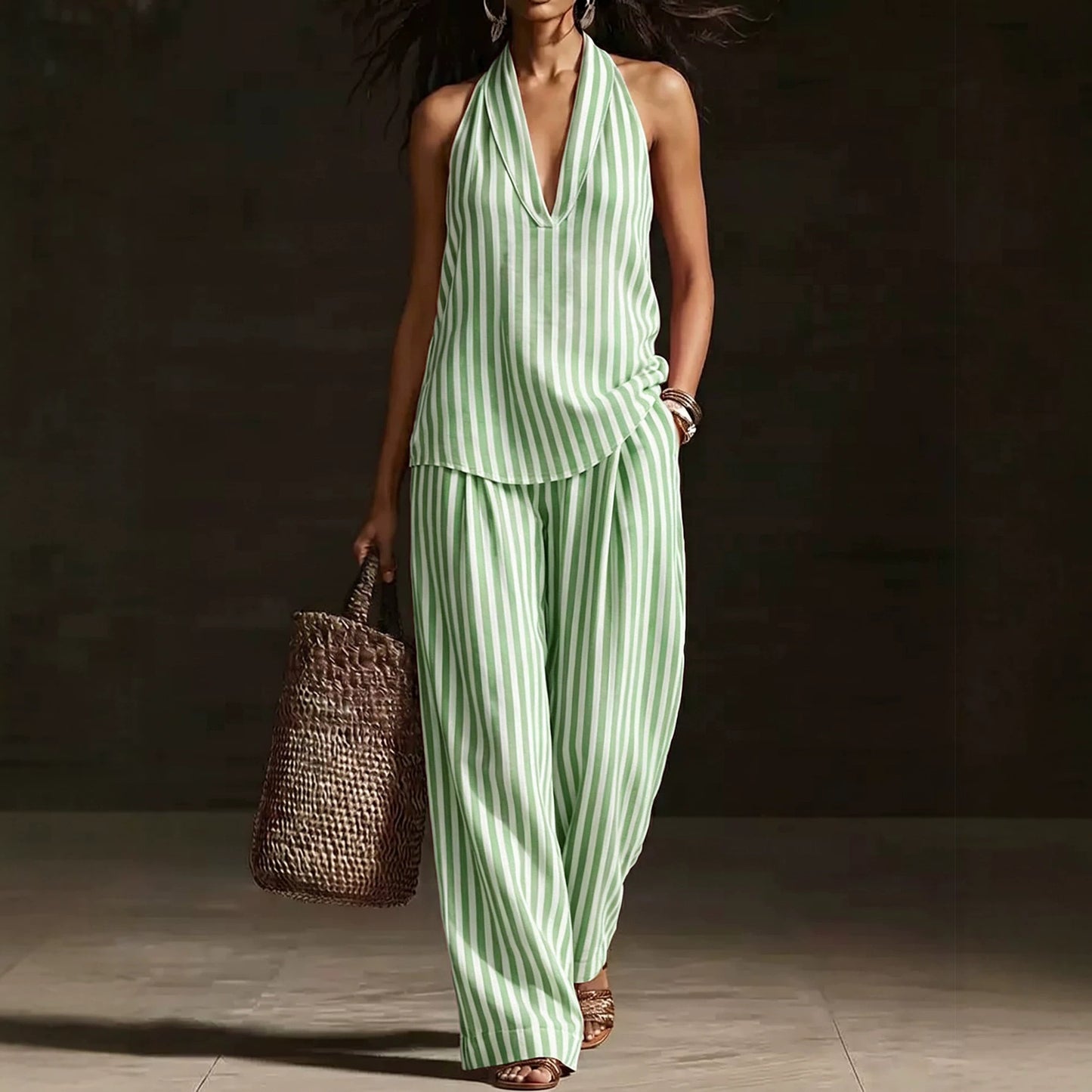 Striped Halter Sleeveless Cotton Linen Two-piece Fashion Casual Suit