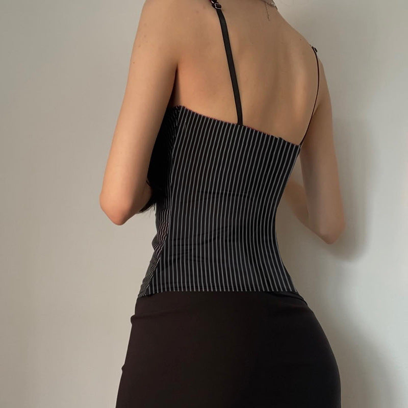 Striped Breasted Lace Strap Urban Hot Sexy Drawstring Tops