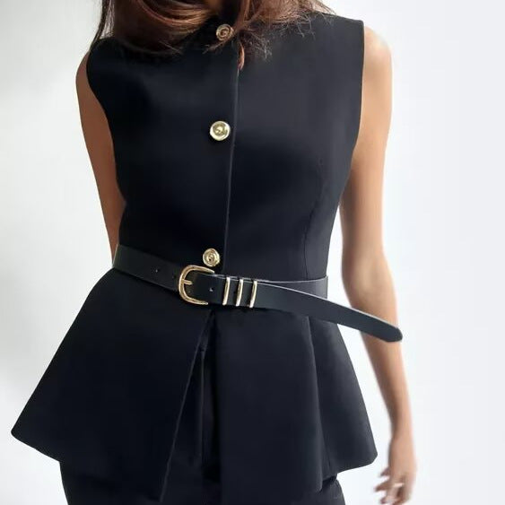 Women's Spring Round Neck Sleeveless With Belt Tops