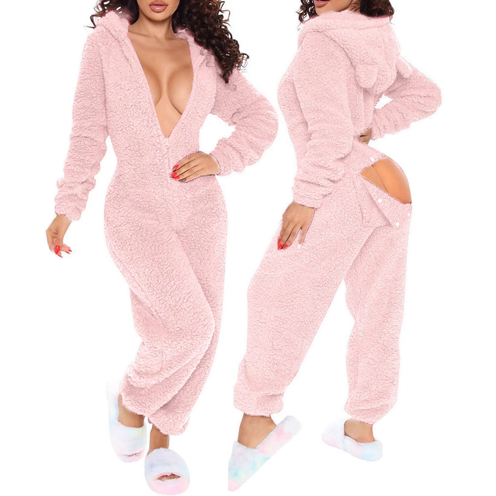 Women's One-piece Sexy Opening Long-sleeved Hooded Cute Jumpsuits