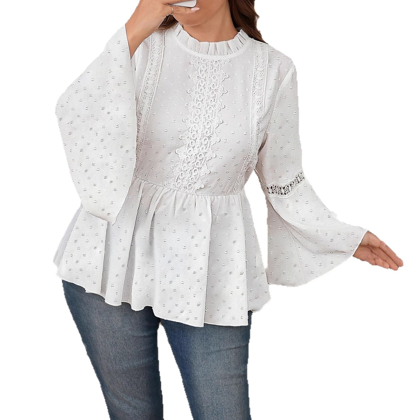 Women's Elegant Solid Color Lace Ruffle Sleeve Casual Fashion Blouses
