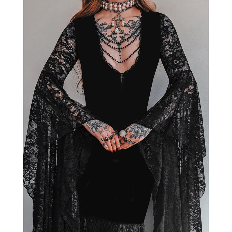Women's Autumn Elegant Batwing Sleeve Lace Stitching Dresses