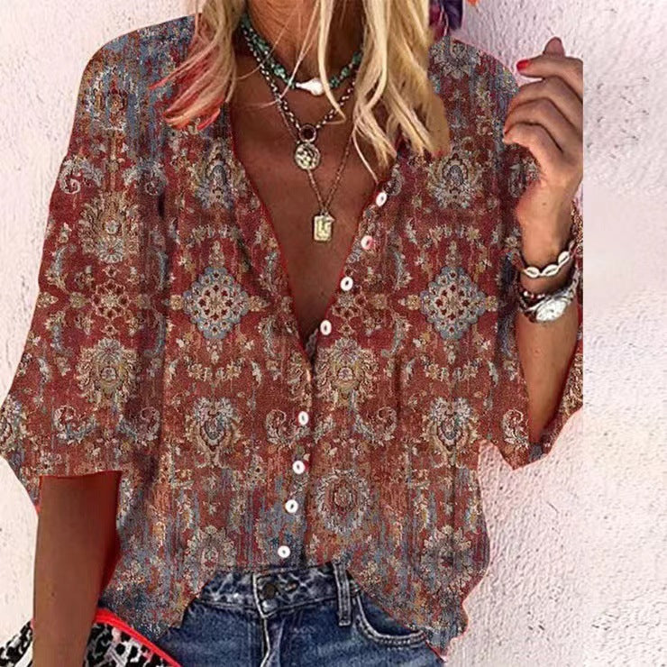Women's Fashion Summer Stand Collar Loose Button Retro Blouses