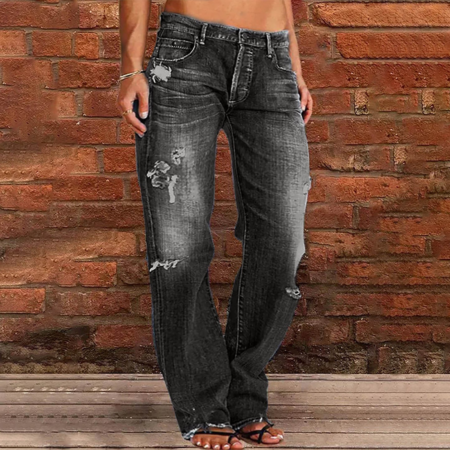 Women's Denim Trousers Trendy Distressed Ripped Leisure Pants