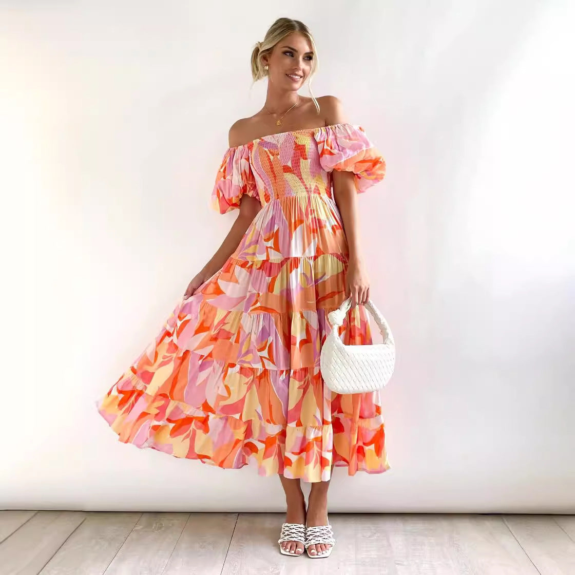Women's Summer Puff Sleeve Holiday Slim Looking Long Dress Hot Dresses