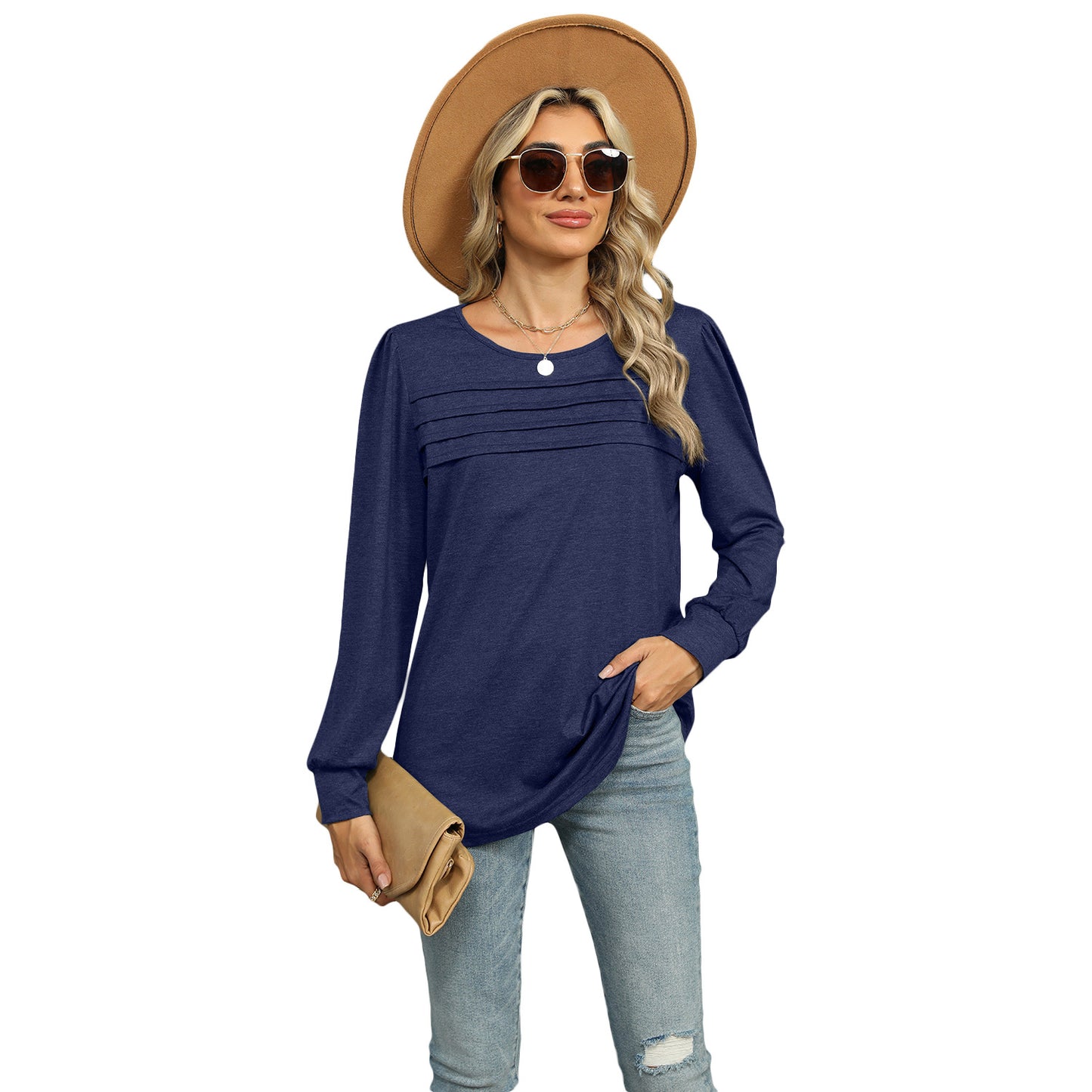 Women's Solid Color Pleated Long-sleeved T-shirt For Tops