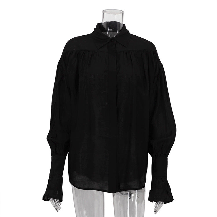 Women's Temperament Polo Collar Solid Color Versatile Blouses