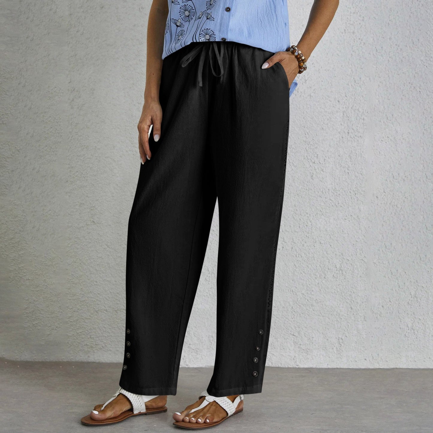 Women's Cotton Linen Drawstring Pocket Lace Button Pants