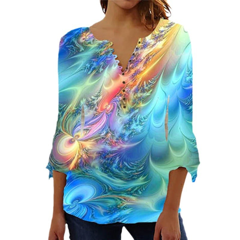 Women's Digital Printing Button T-shirt Flared Sleeves Clothing