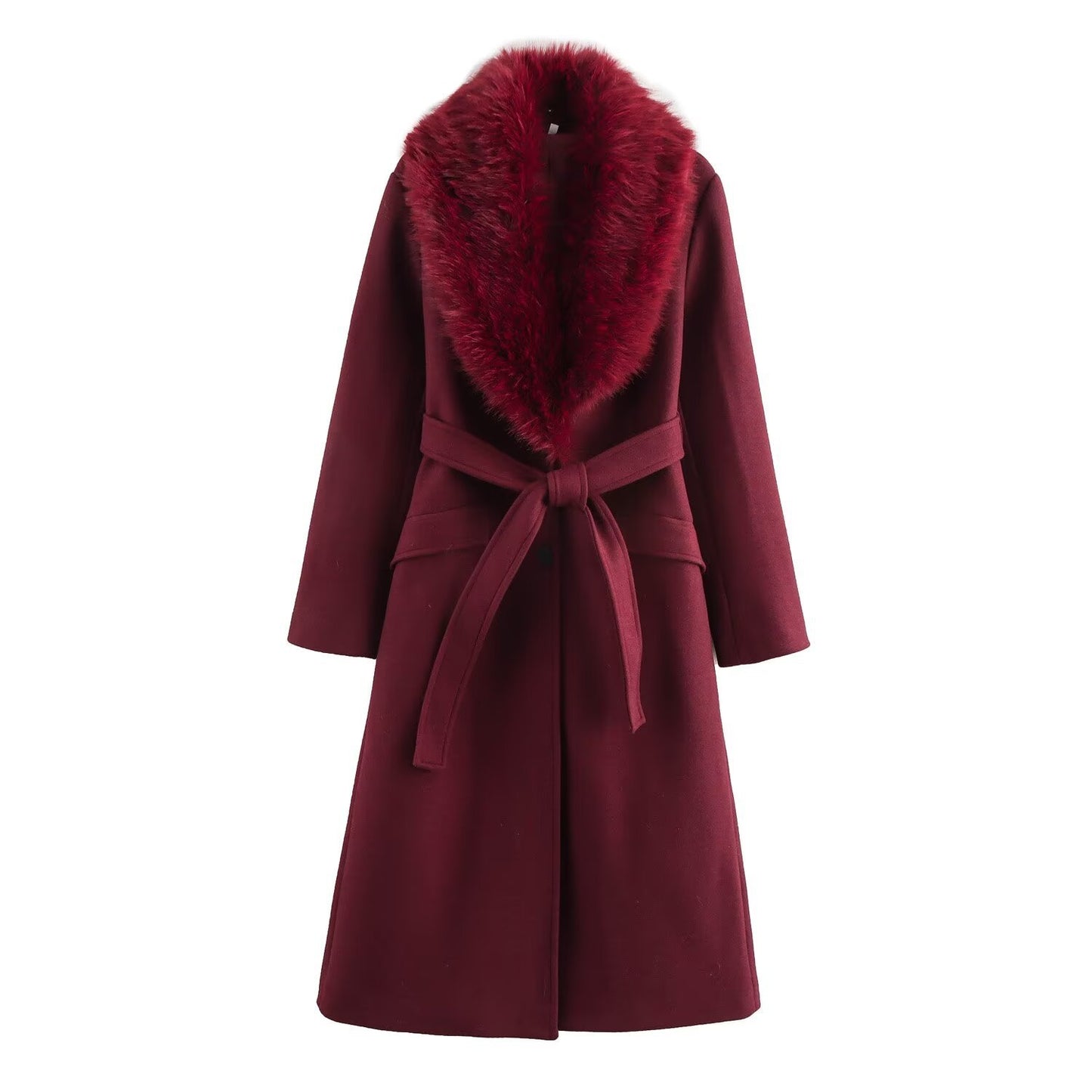 Women's Temperament With Belt Warm Fur Collar Coats