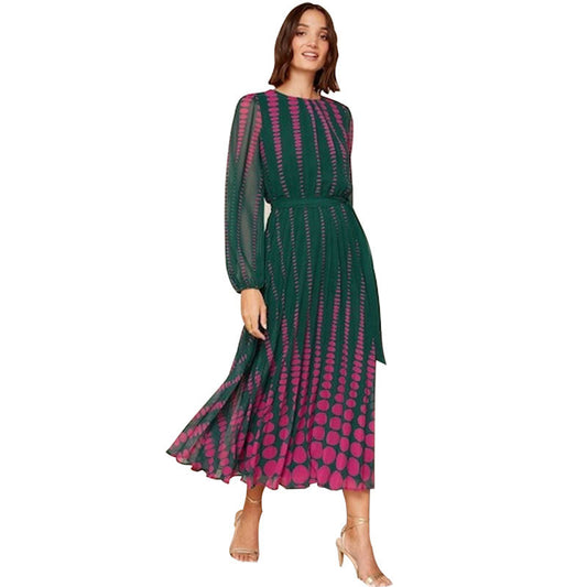 Women's Casual Long-sleeved Printed Pleated Fashion Large Dress