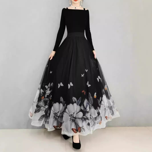 French Style Long Elegant High-grade Mesh Floral Large Skirts