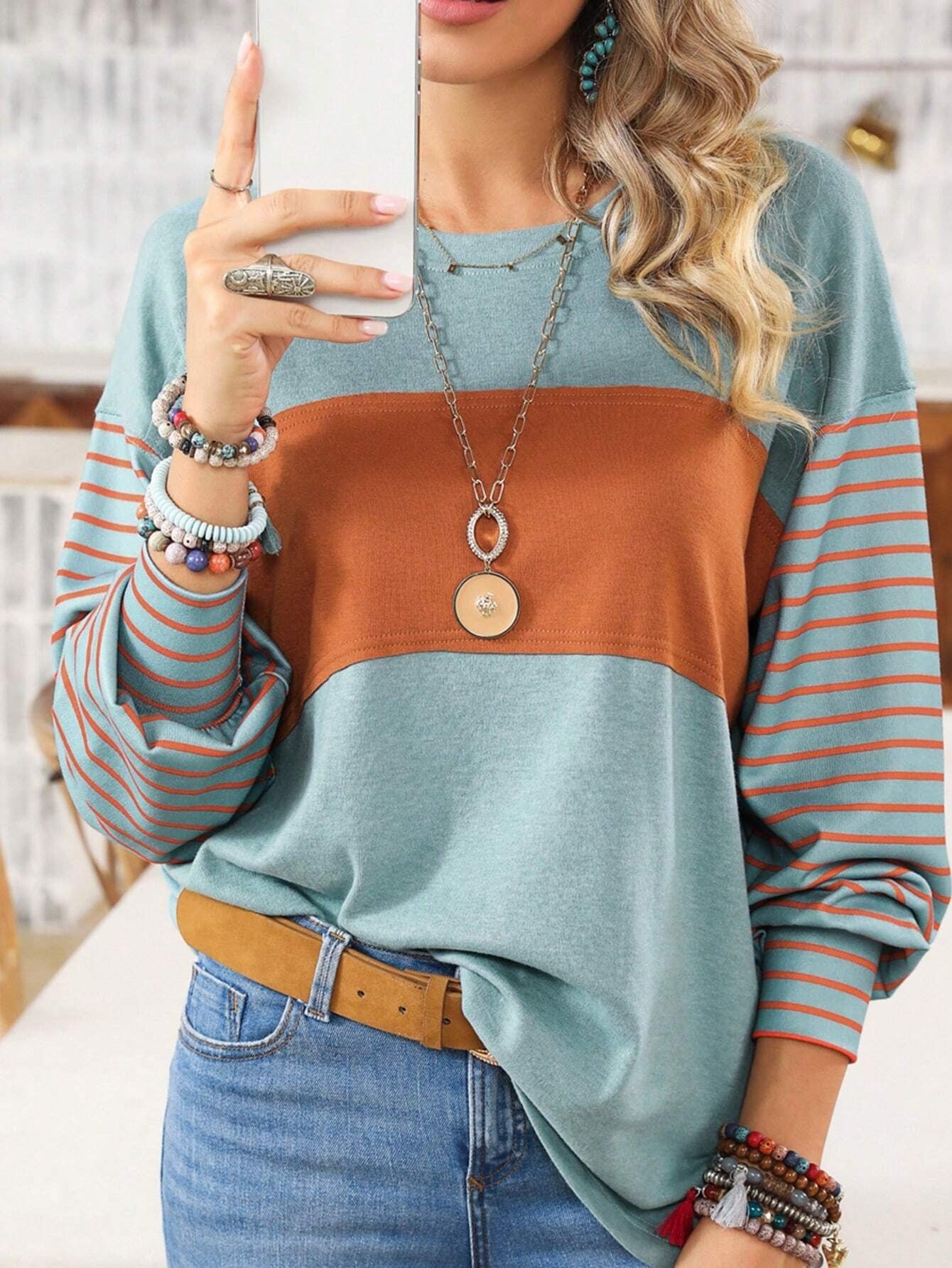 Women's Pullover Crew Neck Casual Striped Color Blouses