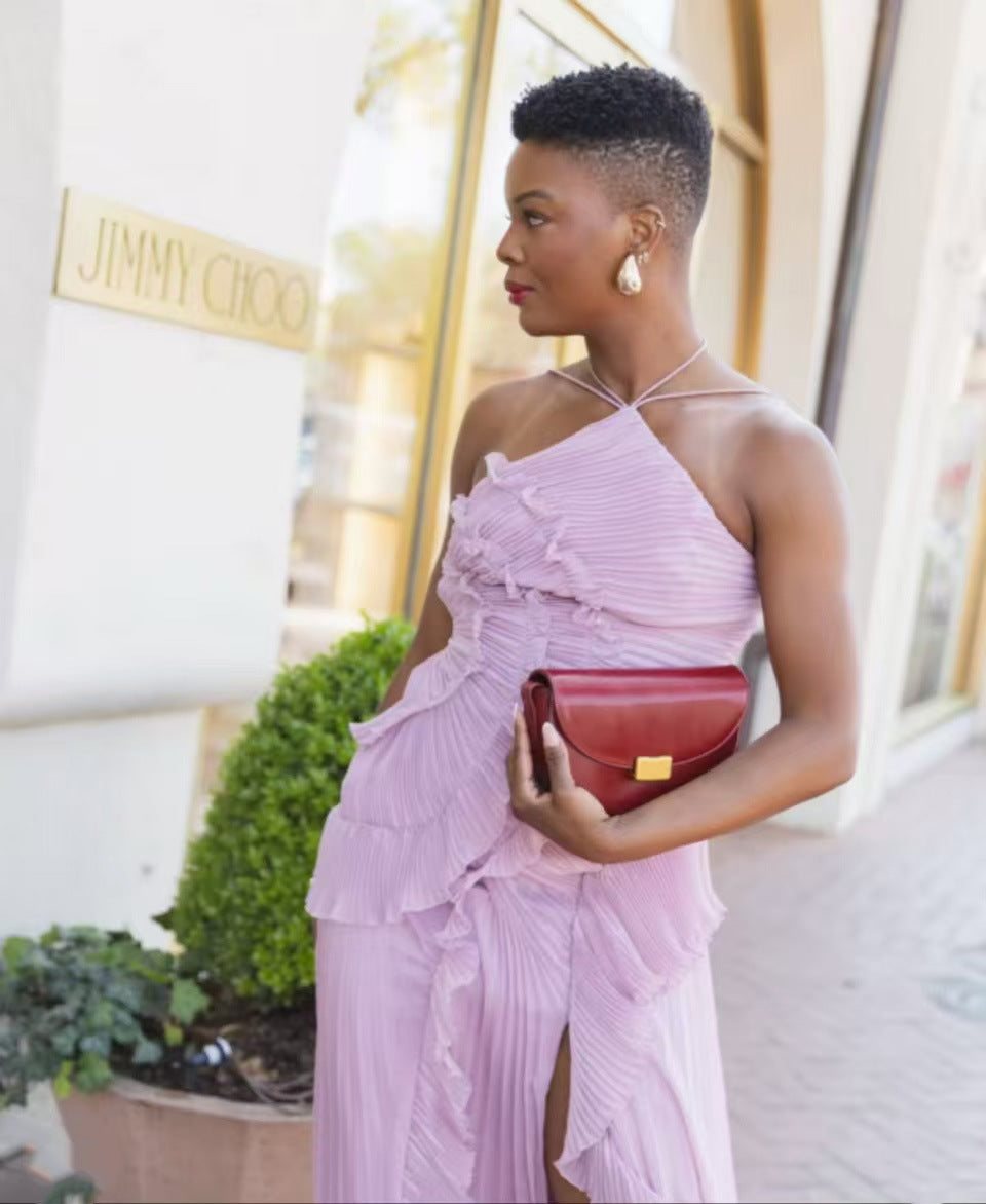 Pleated Ruffled Halter Backless A- Hem Chiffon Dresses