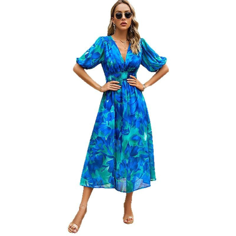 Women's Summer Sleeve Temperament Chiffon Printed Dress Dresses