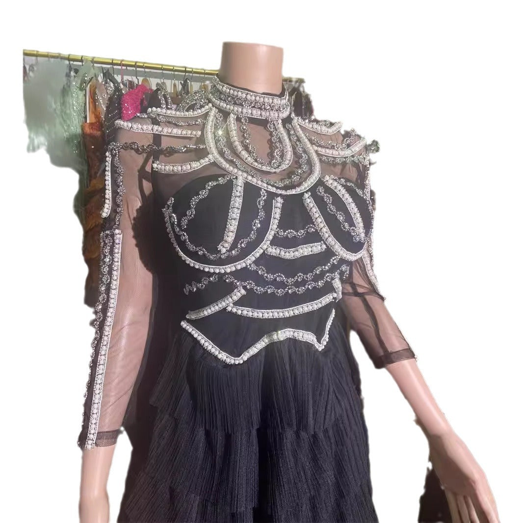 Beaded Mesh Long Sleeve Diamond Slim Dresses