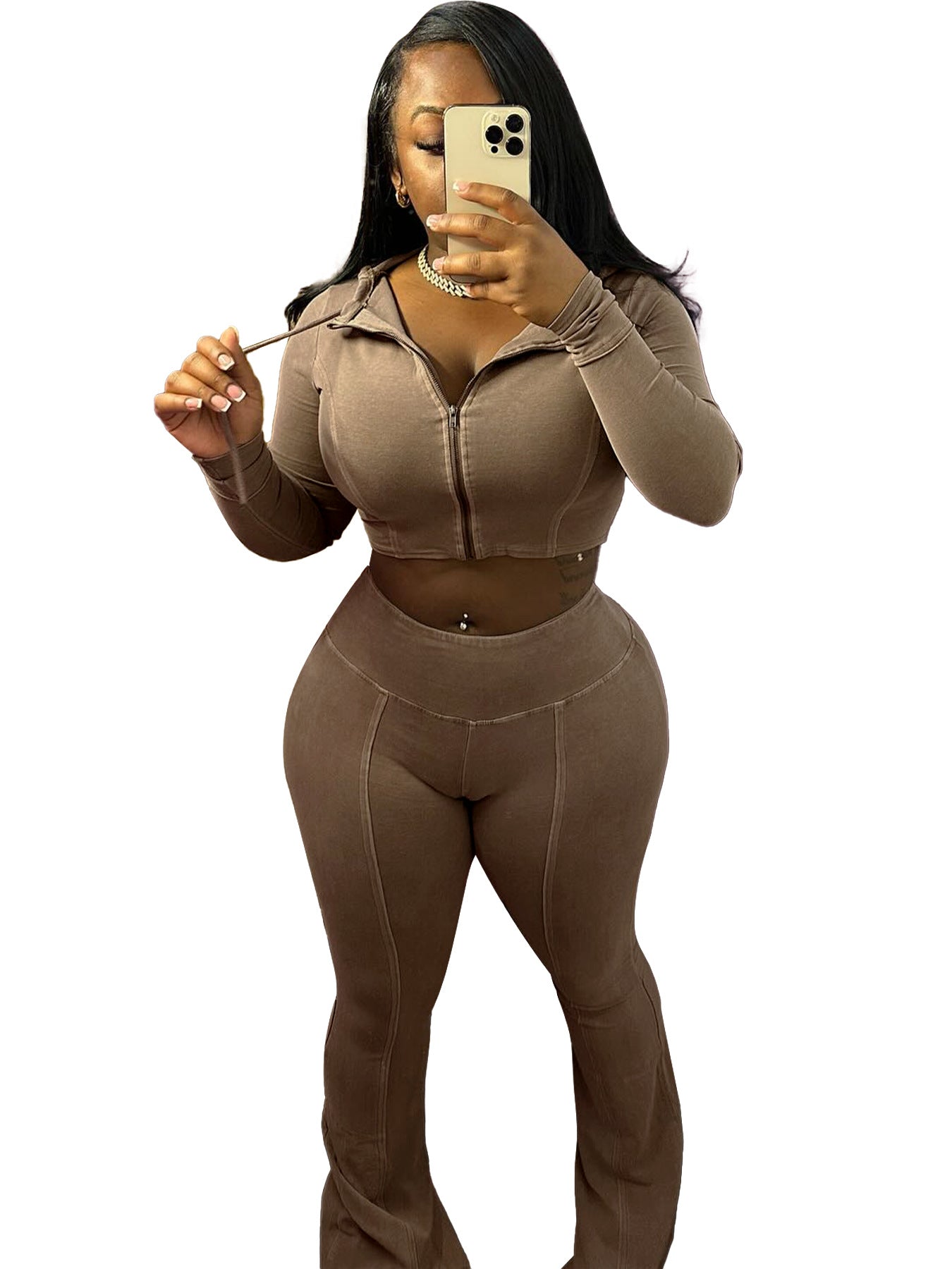 Women's Washed Old Hooded Bell-bottom Two-piece Casual Suits