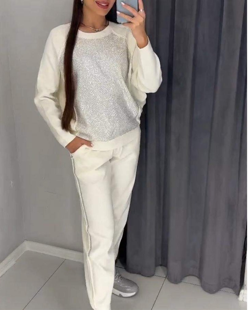 Women's Solid Color Rhinestone Long Sleeve Round Suits