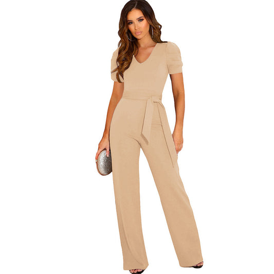 Women's Temperament Bandage Fitted Waist Solid Color Jumpsuits