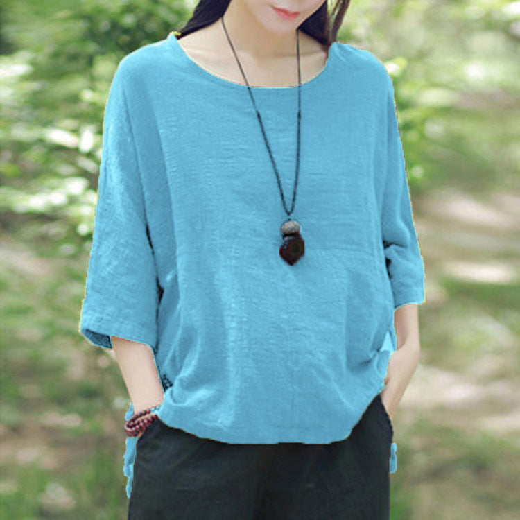 Women's Batwing Sleeve Solid Color Cotton Linen Blouses