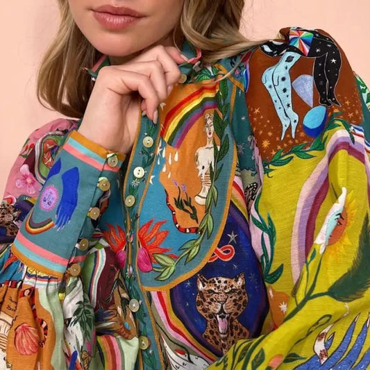 Women's Autumn Print Round Neck Waist Trimming Lace Pleated Dresses